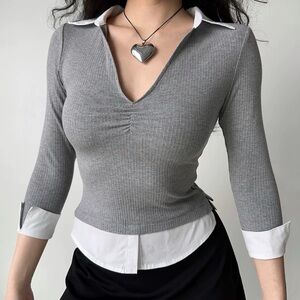 Chic Gray Ribbed Top with White Collar